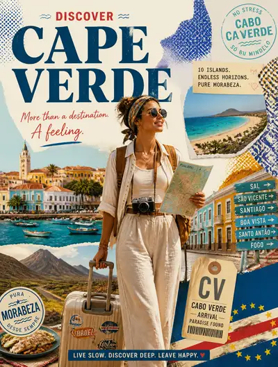 Affiche de voyage stylisée pour le Cap-Vert avec touriste femme et collage
