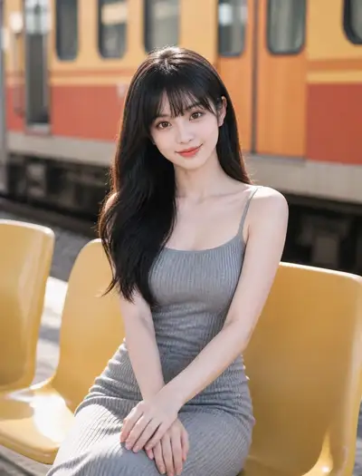 Healing-style street portrait at a vintage train station