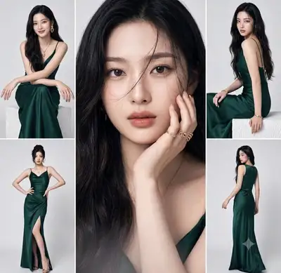 Emerald Satin Gown Fashion Editorial Collage