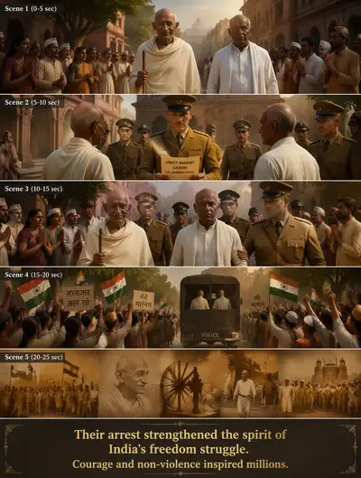 Historical animation storyboard of Gandhi and Patel's arrest