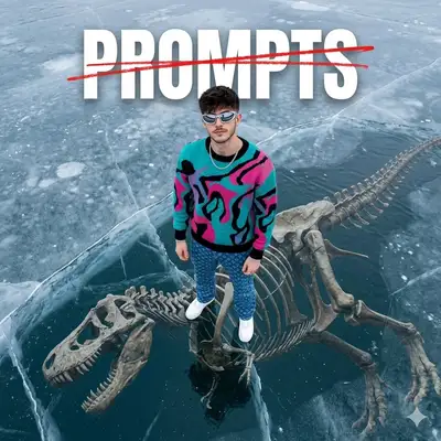 Cinematic Man on Frozen Lake with Dinosaur Skeleton