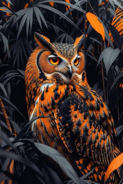 Owl Emerging from Jungle Foliage