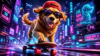 Cool Dog Neon Cyber-City Skateboard Action Sequence