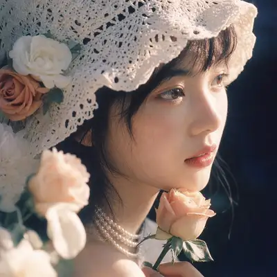 Retrato floral retro con sombrero de encaje al estilo de pelicula japonesa de los 90