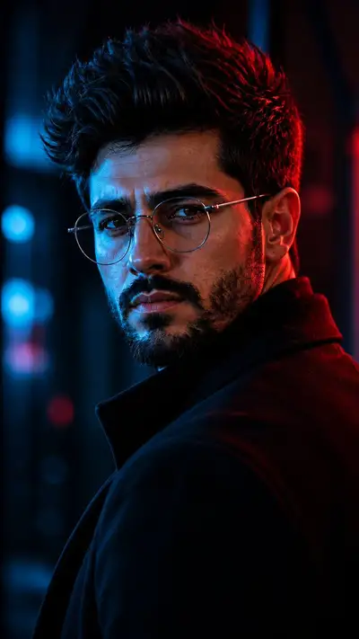 Portrait cinématographique néo-noir avec éclairage divisé bleu et rouge