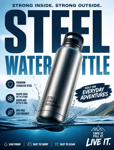 Floating steel water bottle advertisement with bold typography
