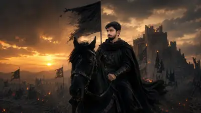 Dark Fantasy Warrior on Horse at Burning Castle