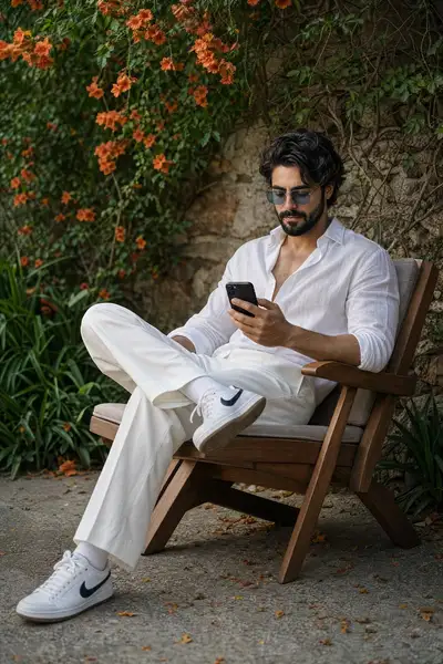 Portrait élégant d'un homme sur son téléphone dans un jardin fleuri