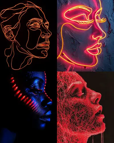 Negative Space Red Neon Face Silhouette Midjourney Prompt