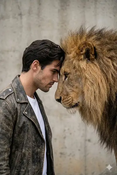 Rugged portrait of a man bonding with a lion, forehead to forehead
