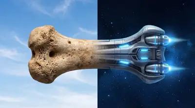 Split image morphing a bone into a futuristic spacecraft