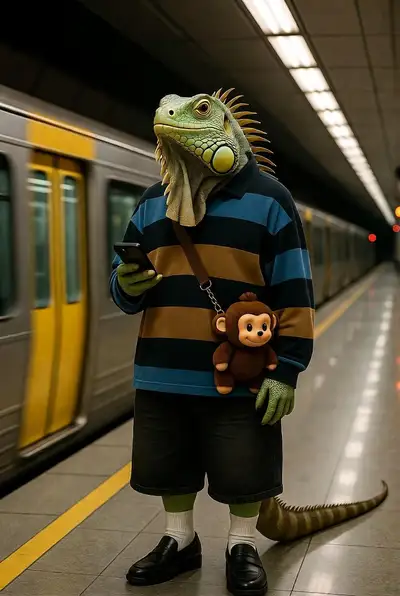 Anthropomorphic Iguana Subway Portrait