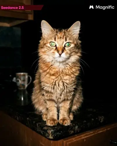 Steady Zoom on Fluffy Cat at Night