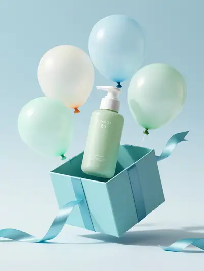 Skincare Gift Box Floating with Pastel Balloons Ad