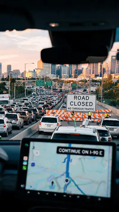Realistic highway closure scene with confused navigation traffic