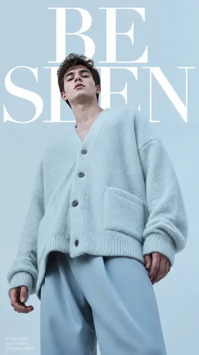Ice-blue cardigan portrait from a worm's-eye angle