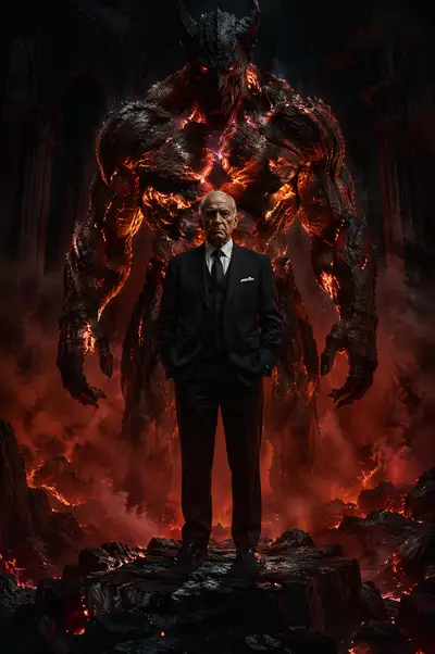 Businessman Before Volcanic Demon Cinematic Poster