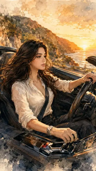 Premium watercolor illustration: Woman driving a Lamborghini on coastal sunset