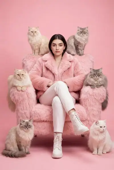 Pastel pink fashion portrait surrounded by fluffy cats