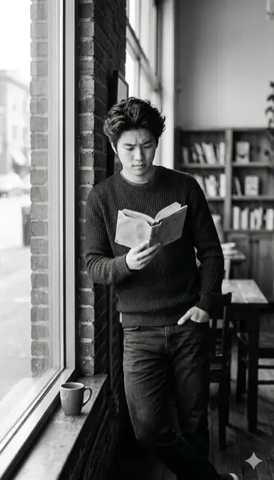 Timeless Black and White Photo of a Man Reading in a Cozy Cafe
