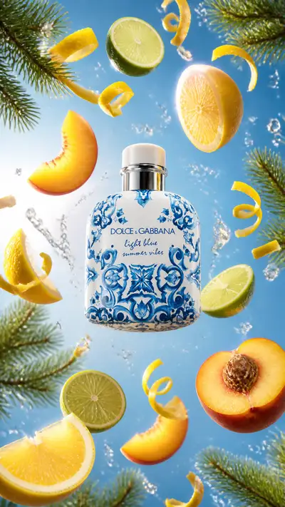 Perfume bottle ad with flying citrus slices and juice droplets