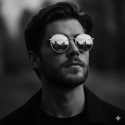 Filmisches Porträt mit einer Stadtsilhouette, die sich in der Sonnenbrille spiegelt