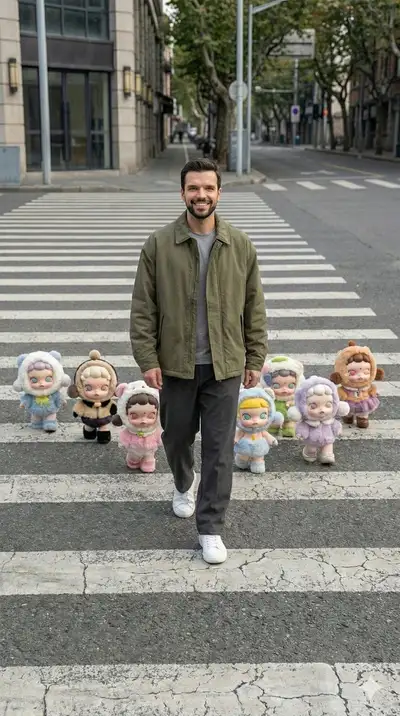 iPhone-style street photo with Popmart Skullpanda figures