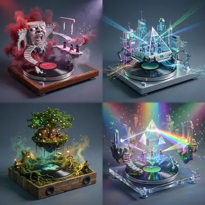 2x2 miniature diorama grid of album vinyl worlds