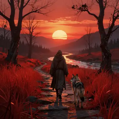 Cloaked Traveler and Wolf at Blood-Red Sunset