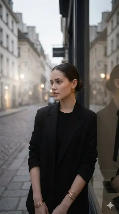 Elegant editorial portrait on a quiet European street