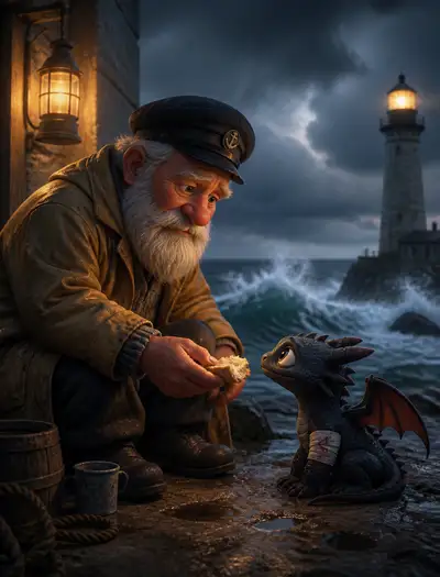 Disney Pixar style scene of a lighthouse keeper and a tiny dragon