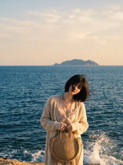 Wind-blown hair coastal lifestyle portrait, three framings