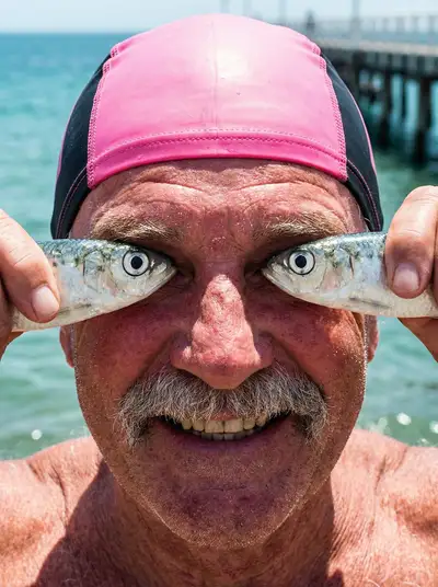 Prompt JSON de portrait comique en gros plan avec des poissons sur les yeux