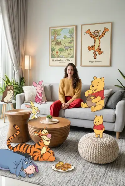 Scène de salon photoréaliste croisée avec des personnages de contes pour enfants