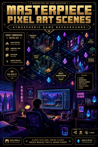 Retro synthwave arcade flyer with pixel art bedroom workspace