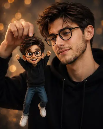 Mann hält winzige Chibi-Version seiner selbst, verspieltes Porträt