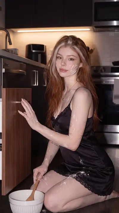 Prompt de portrait lifestyle de pâtisserie de minuit avec robe saupoudrée de farine