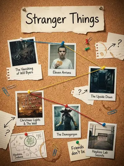 Detektiv-Pinnwand-Zusammenfassung von Stranger Things