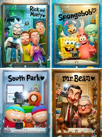 Pixar-style cartoon cast bathroom mirror selfie