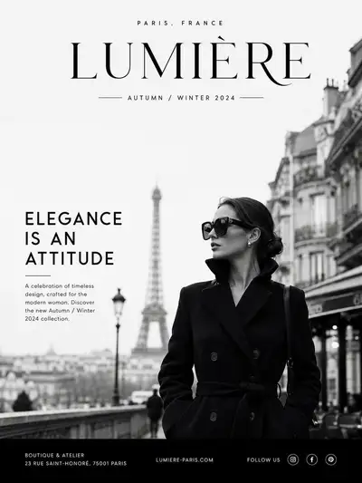 Minimalist Parisian luxury fashion advertisement in black and white