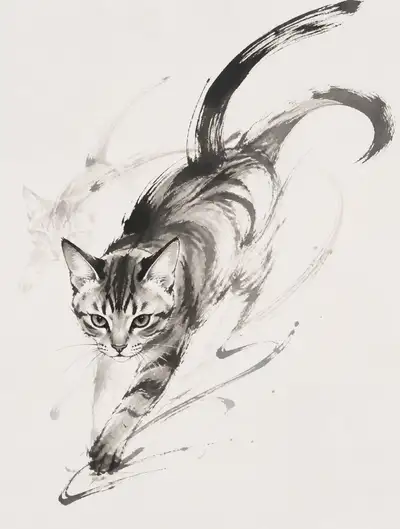 Minimalist oriental ink-brush cat in motion