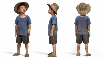 3D CG portrait of a barefoot rural Chinese boy in a straw hat