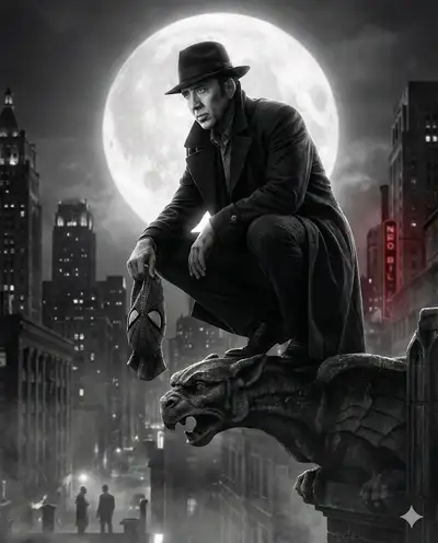 Verwandle ein Referenzfoto in ein Film-noir-Superheldenposter