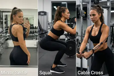 Gym workout 3-frame grid mirror selfie squat and cable cross