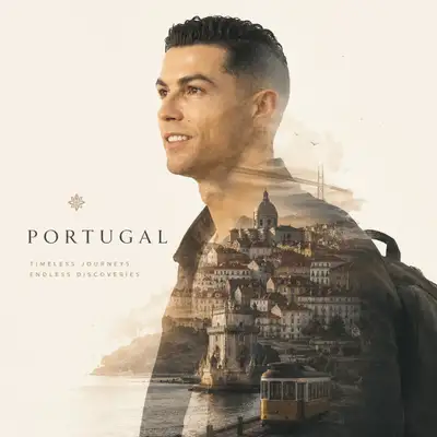 Double exposure travel poster blending a celebrity with a country