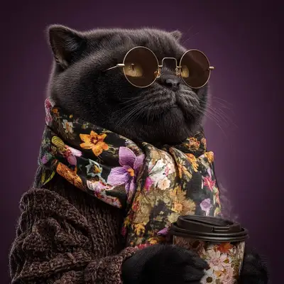 Anthropomorphic cat wearing sunglasses and a scarf