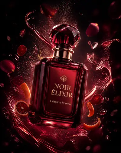 Luxury perfume bottle advertisement with structured JSON prompt