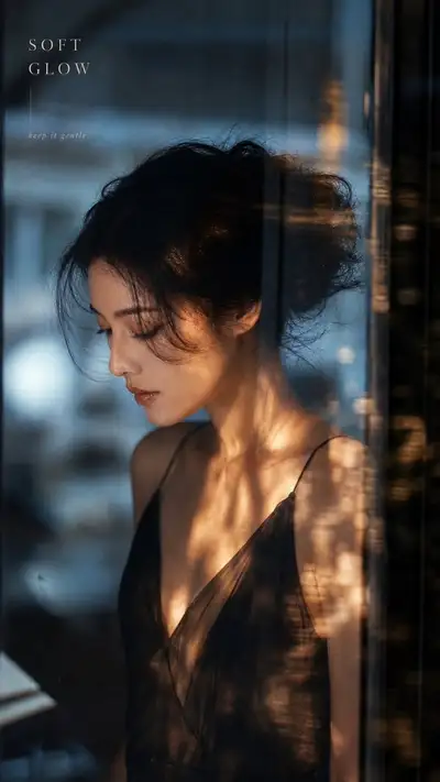 Cinematic rain-window portrait with warm and cool light
