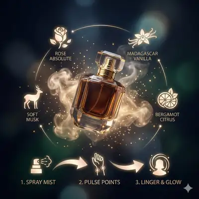 Luxury perfume bottle product infographic prompt