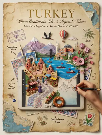 Vintage travel poster of Turkey with a papercraft diorama tablet